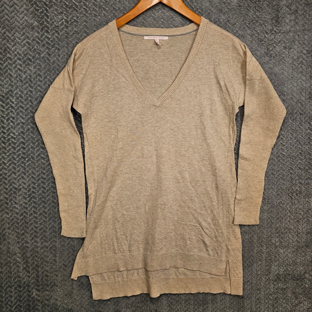 Victoria's Secret Preppy Tunic Tan Beige 100% Cotton V-Neck Hi-Low Sweater Small